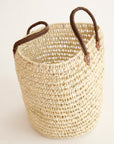 Round Straw Basket with Leather Handle