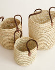Round Straw Basket with Leather Handle
