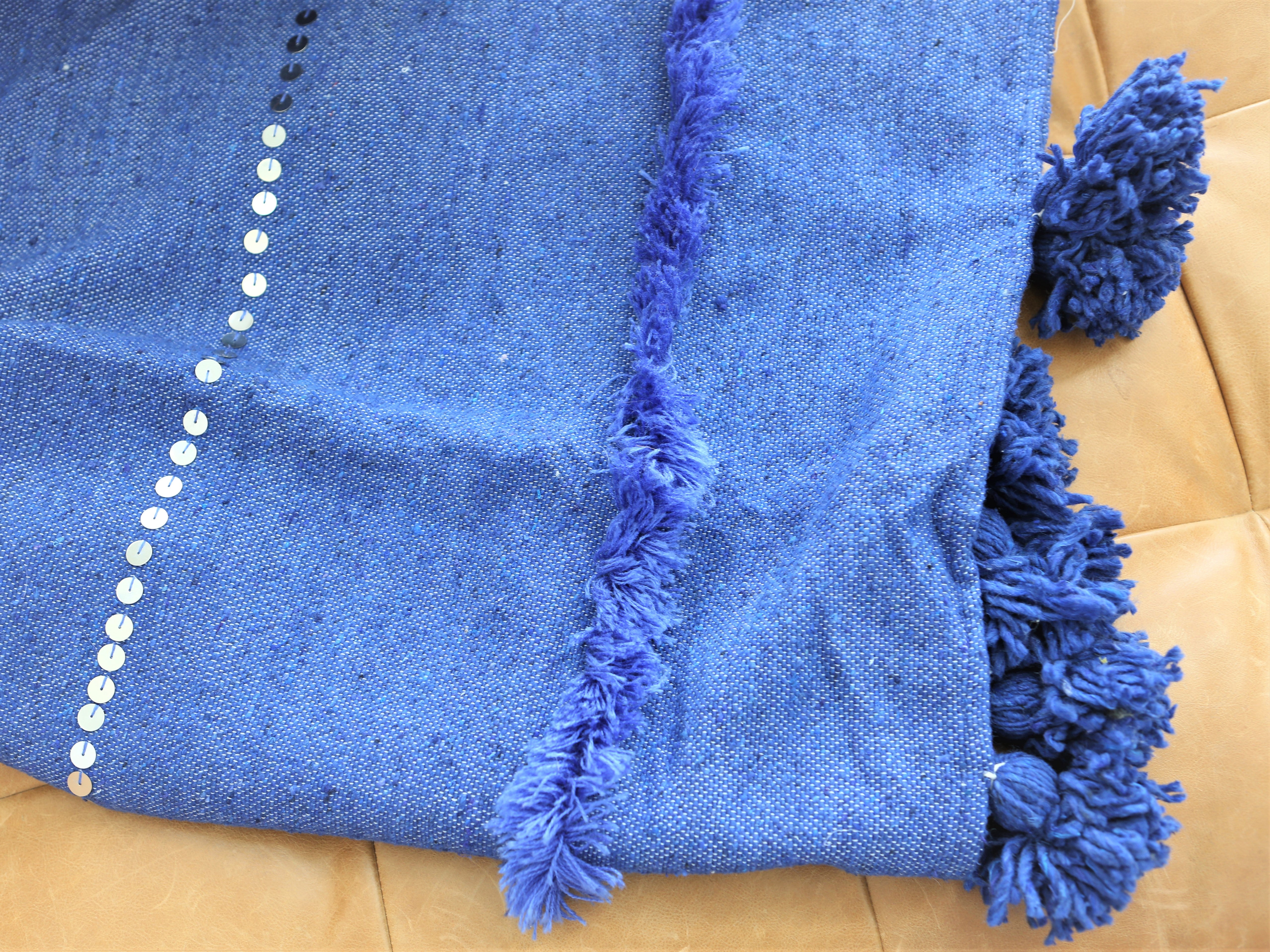 Blue Cotton Sequin Pom Pom Blanket - Main Image