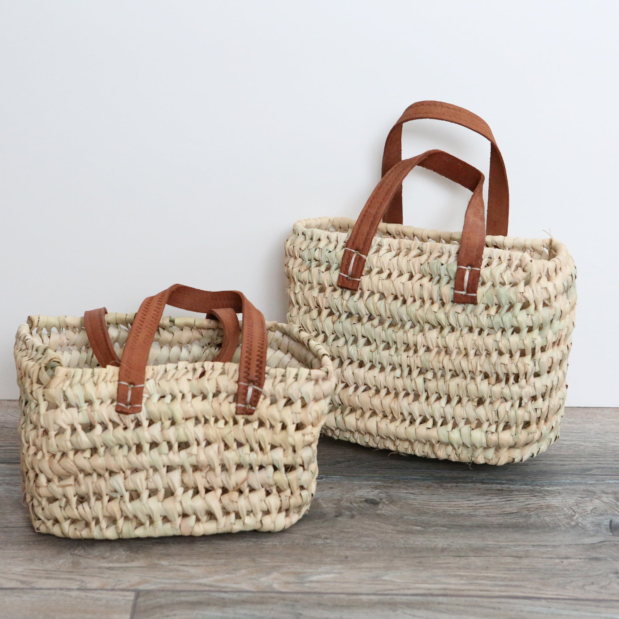 Big woven straw bag, French basket with leather handles, Straw