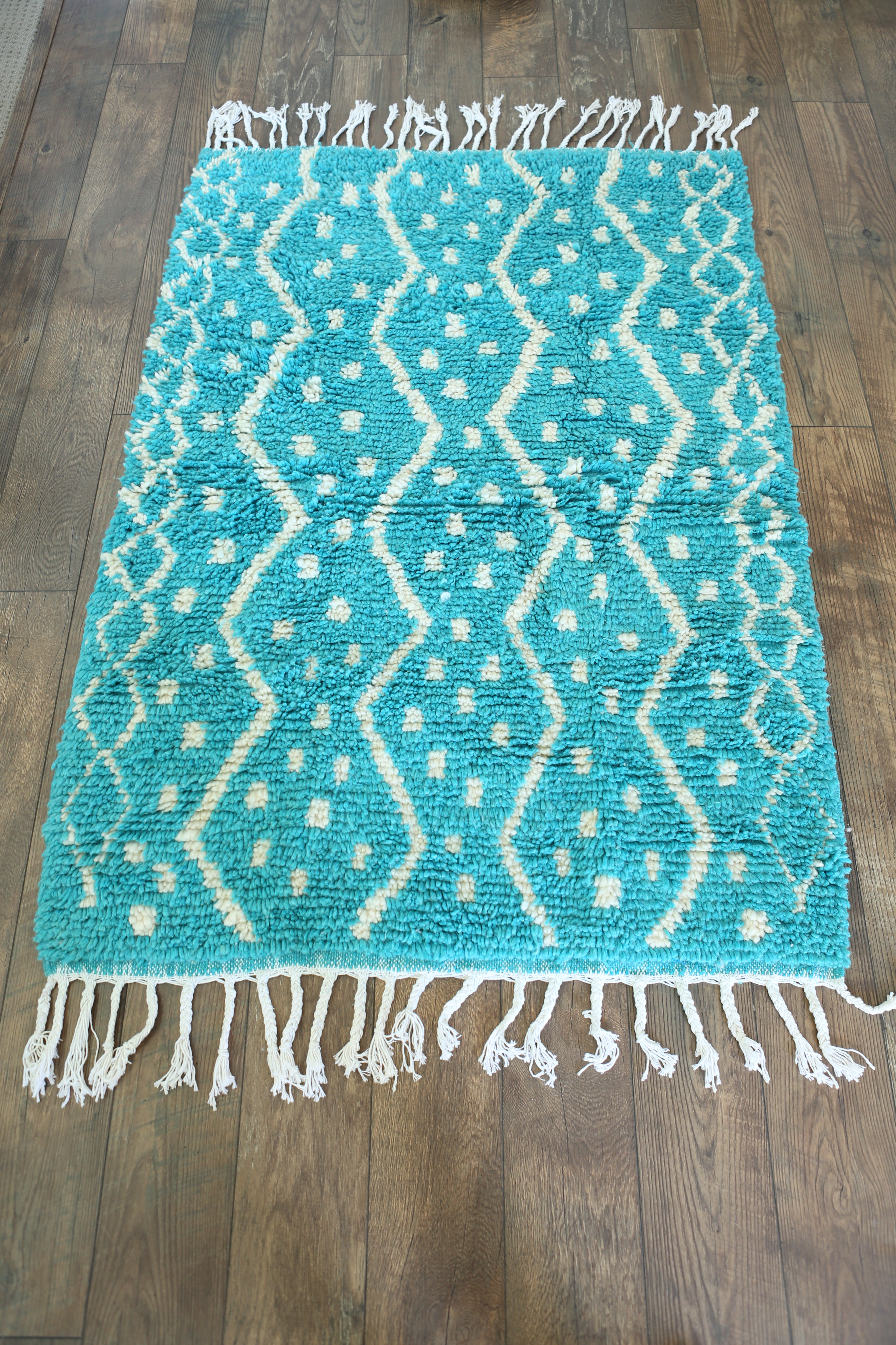Turquoise and White Soft Wool Shag Rug