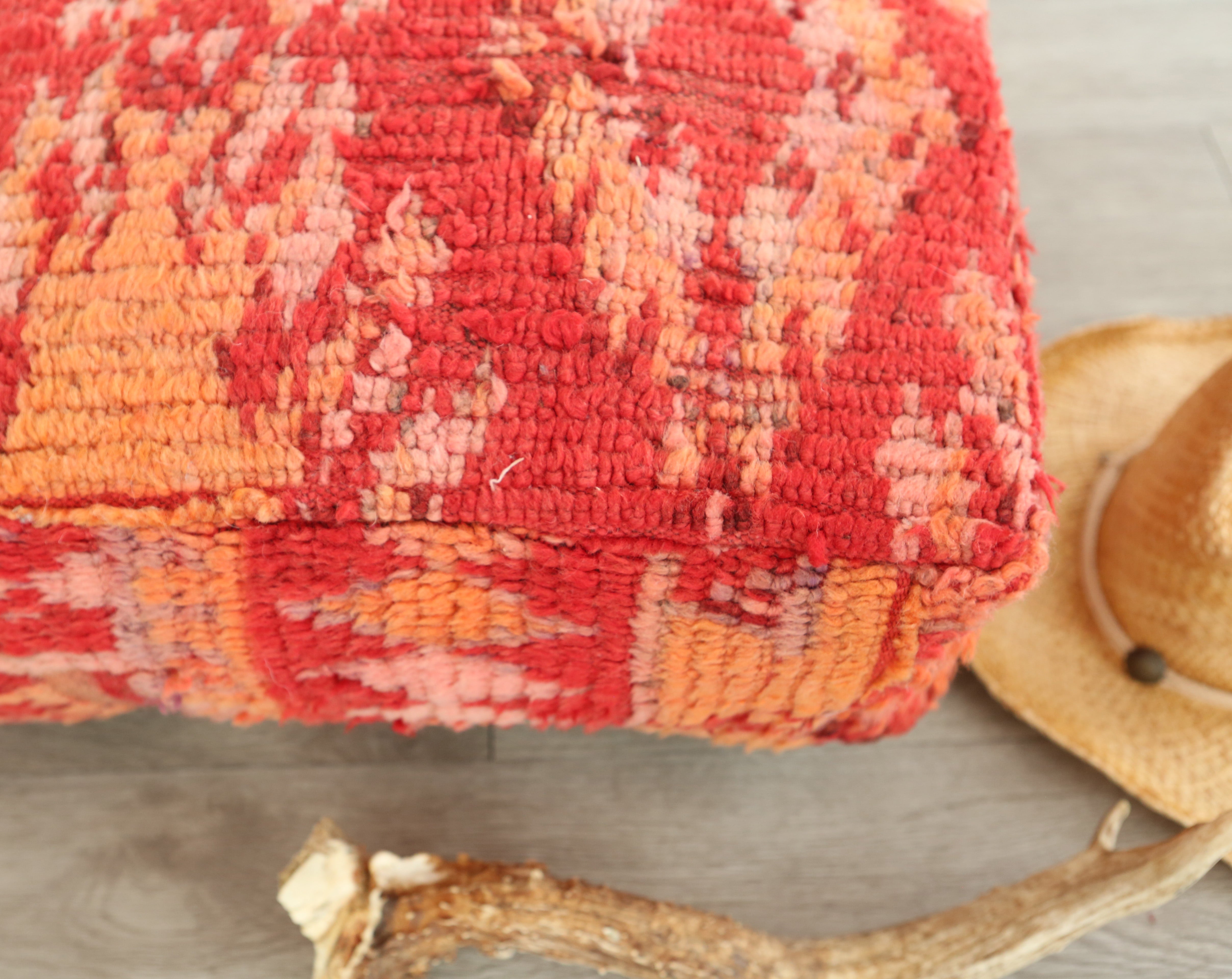 Vintage Red and Orange Moroccan Beni Ourain Pouf