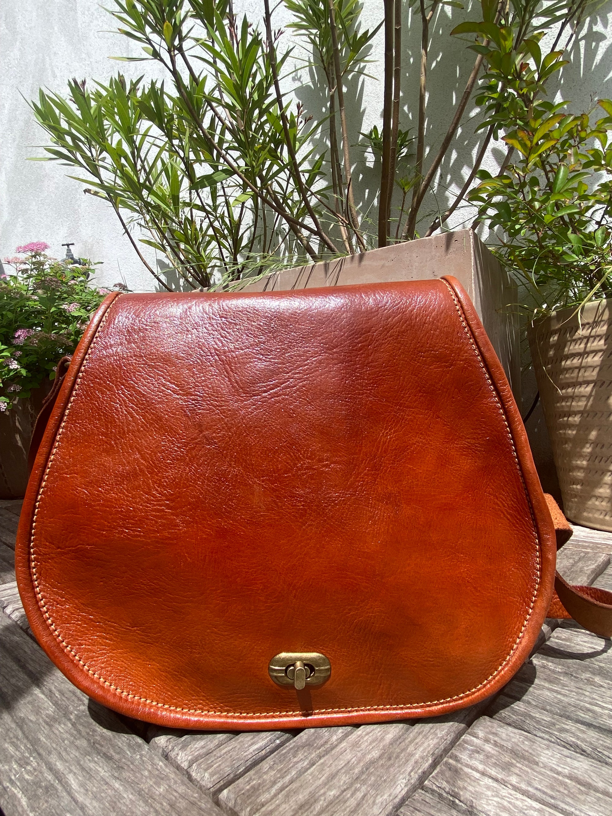 Brown leather bag on a wooden surface with plants in the background