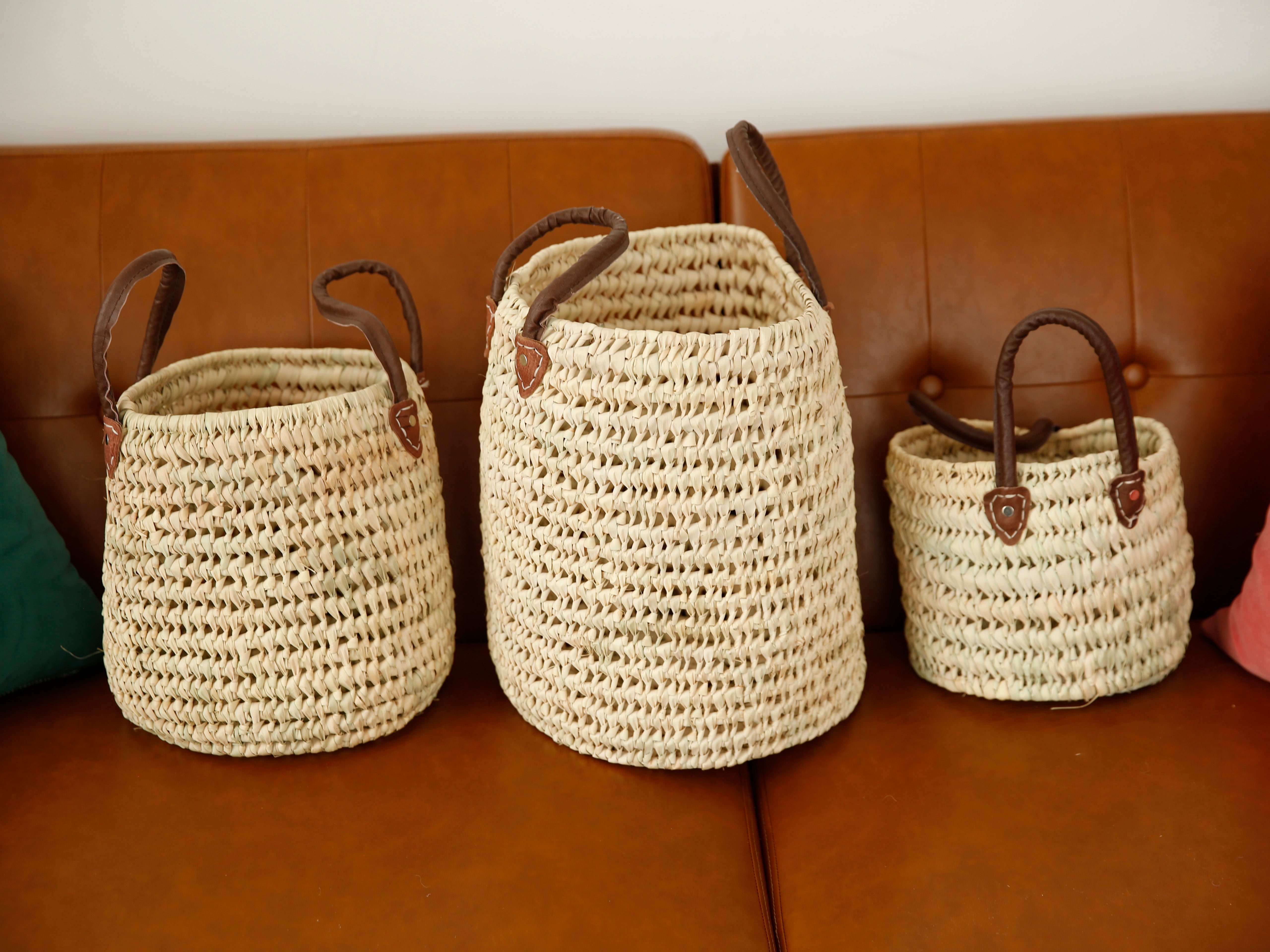 Round Straw Basket with Leather Handle - Set of 3