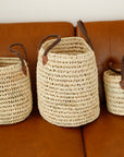 Round Straw Basket with Leather Handle - Set of 3