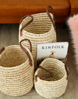 Round Straw Basket with Leather Handle - Set of 3