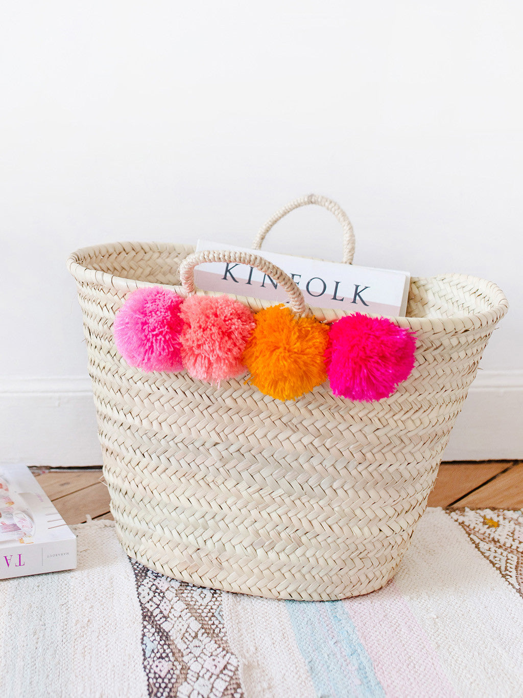 Colorful Pom Pom Straw Basket