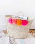 Colorful Pom Pom Straw Basket