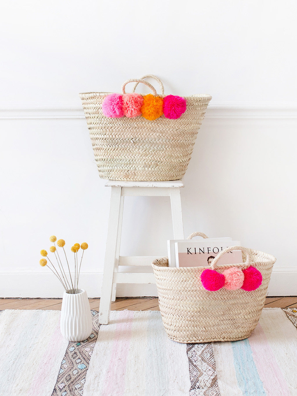 Colorful Pom Pom Straw Basket