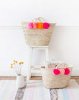 Colorful Pom Pom Straw Basket