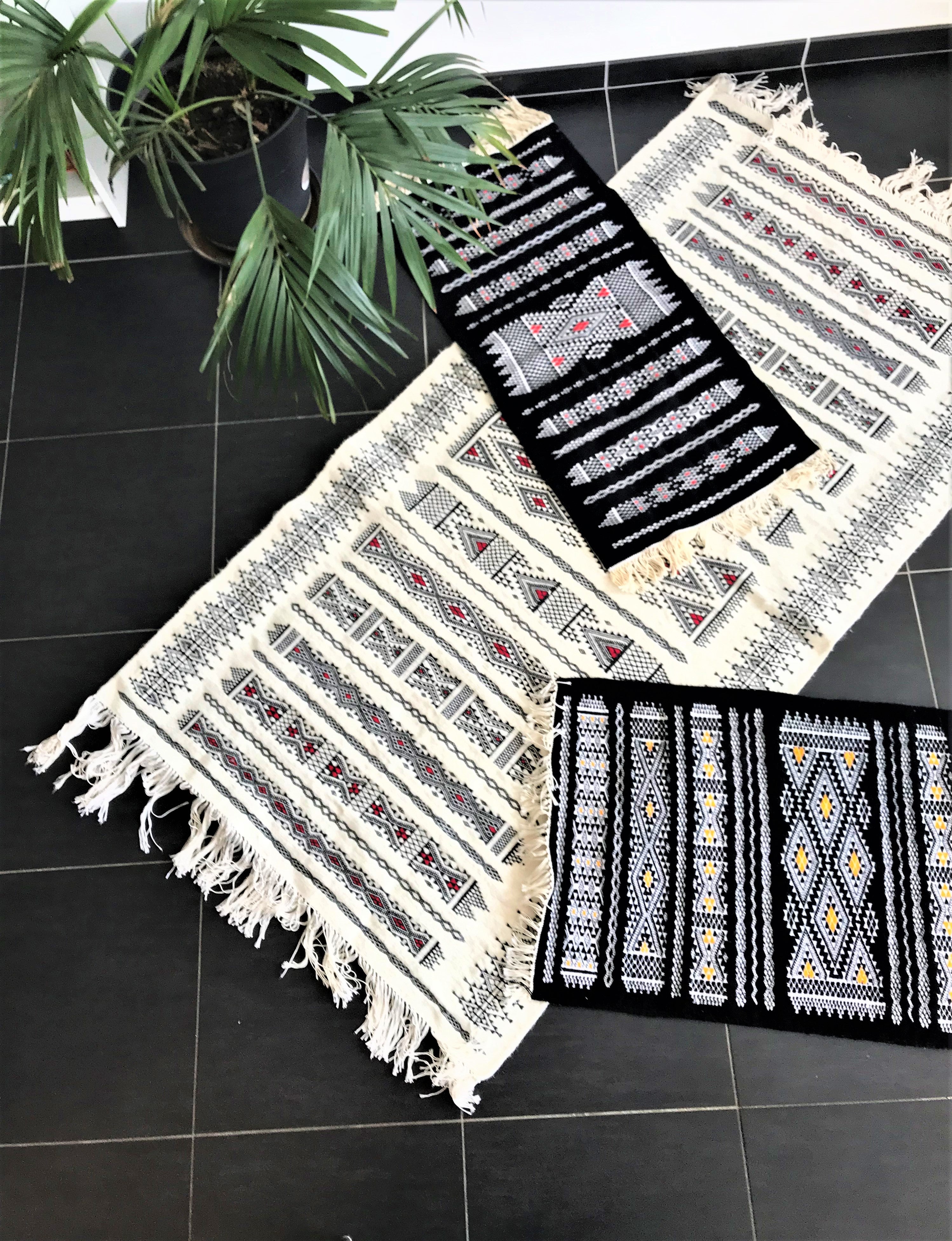cream wool rug black and white rug runner hand-knotted geometric rug kilim algerian rug minimalist rug red dots flatweave