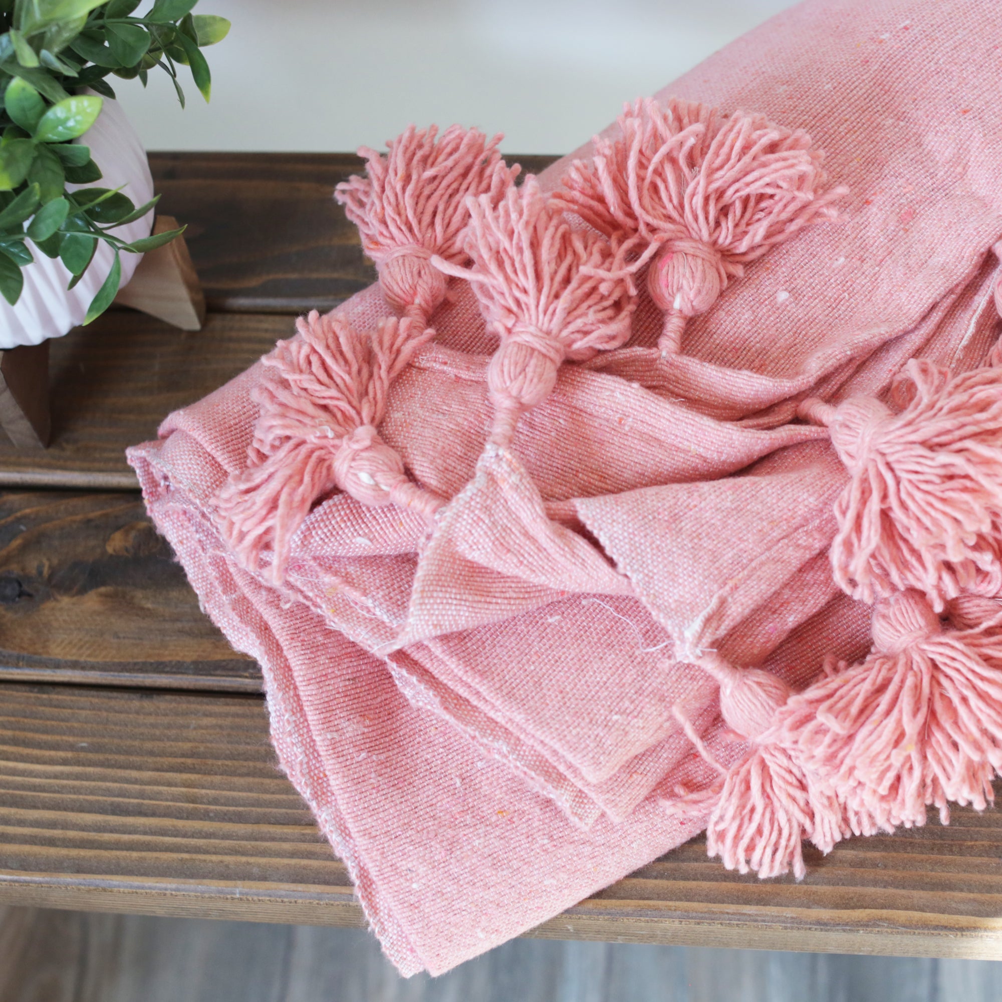 Pink Cream Wool Pom Pom Blanket