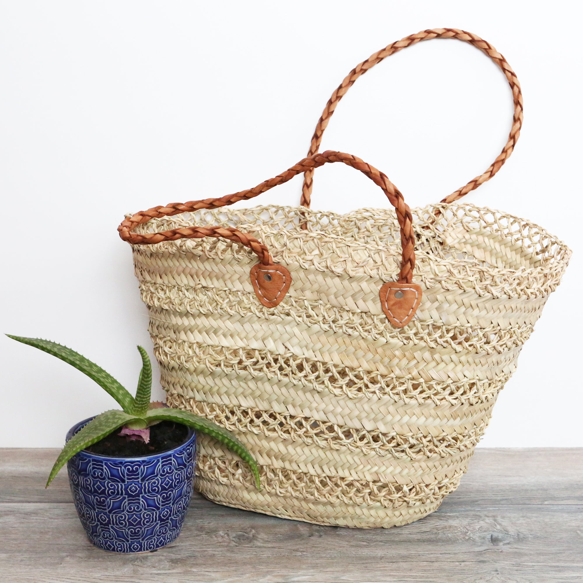 Large Lace Straw Market Basket