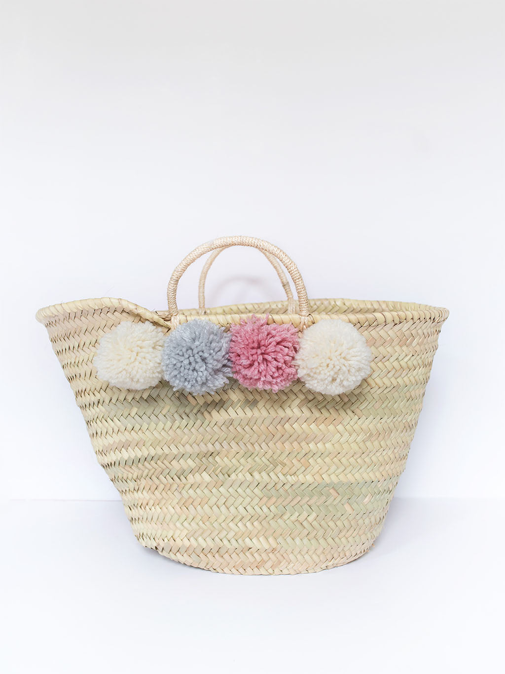 Pink and Grey Pom Pom Straw Bag