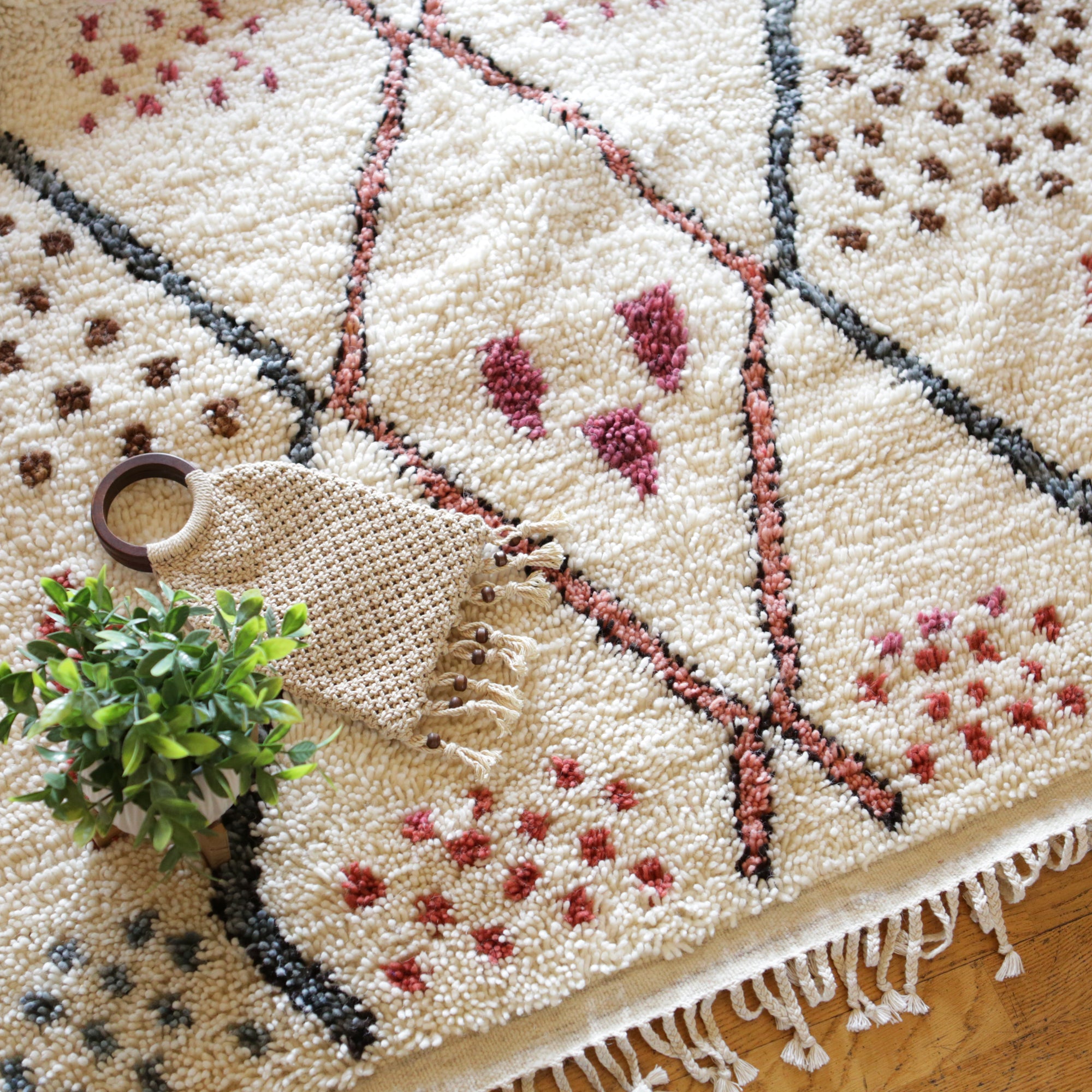 Maggie Shag Rug - bohemian style rug with orange et grey diamonds