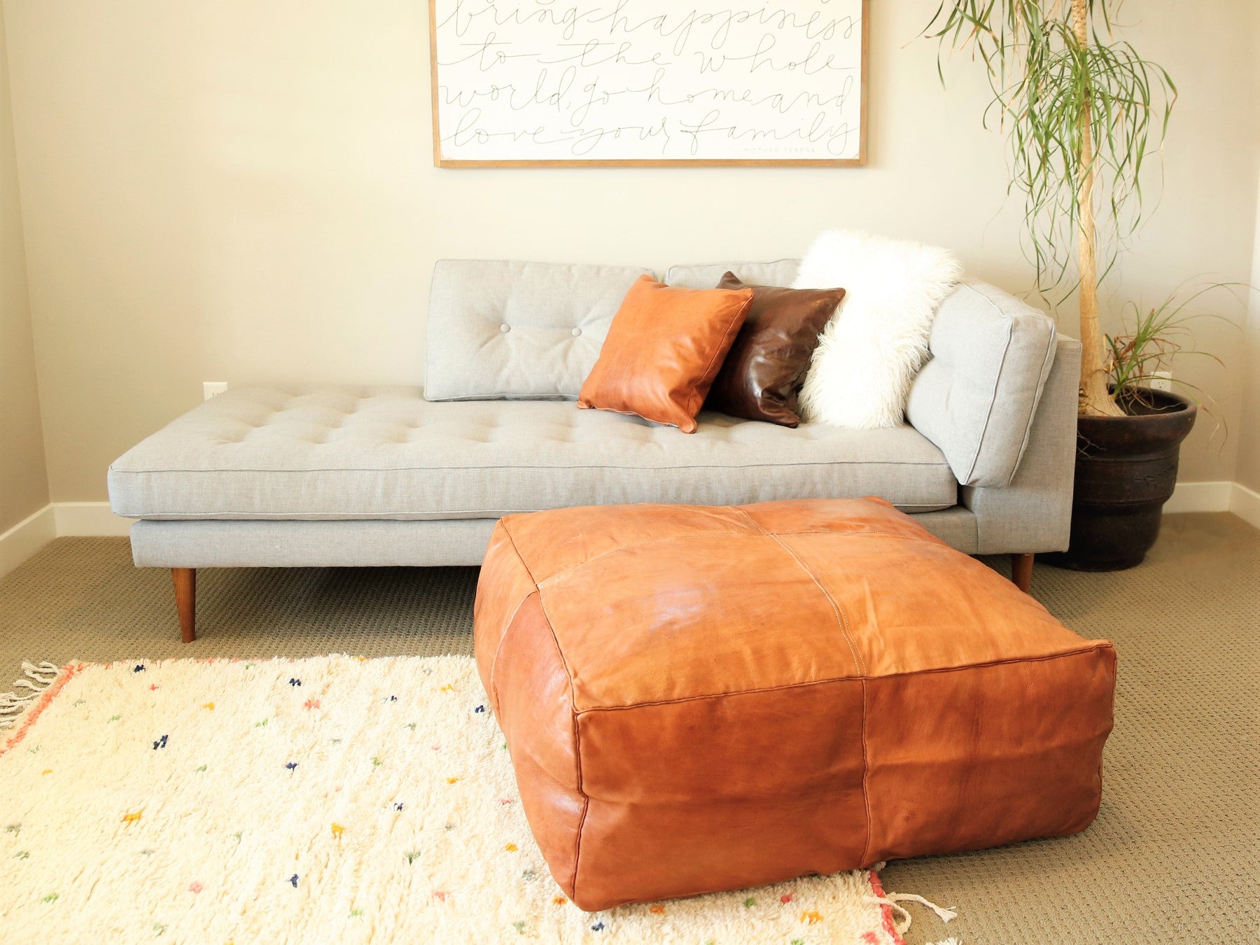 Cognac Oversized Moroccan Leather Pouf