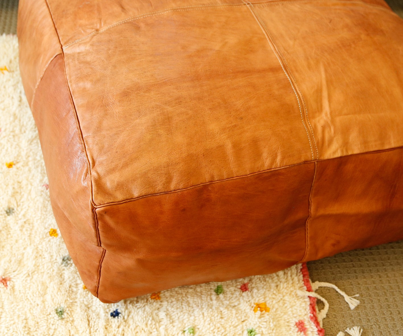 Cognac Oversized Moroccan Leather Pouf