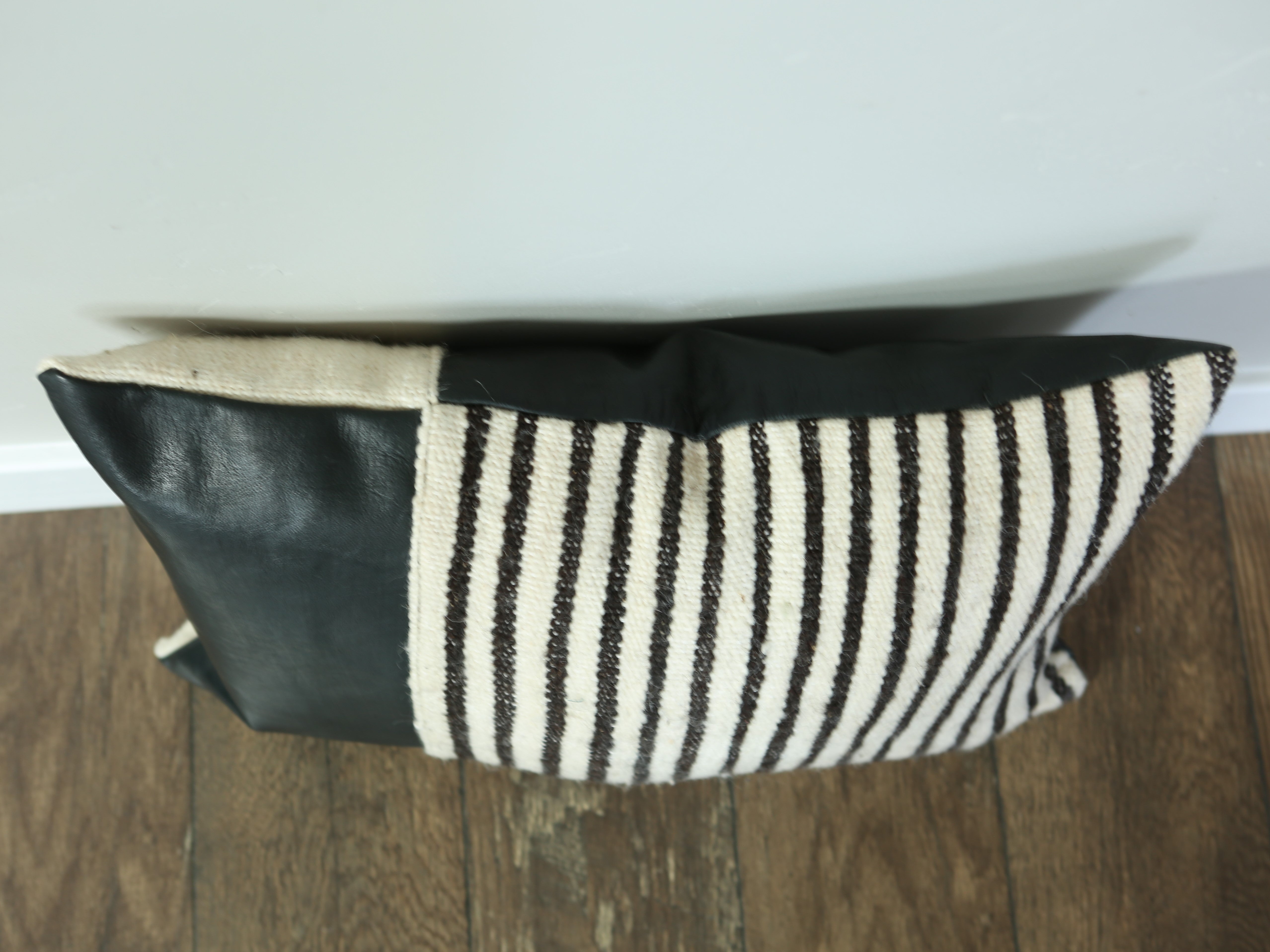 Black Leather and Striped Wool Pillow