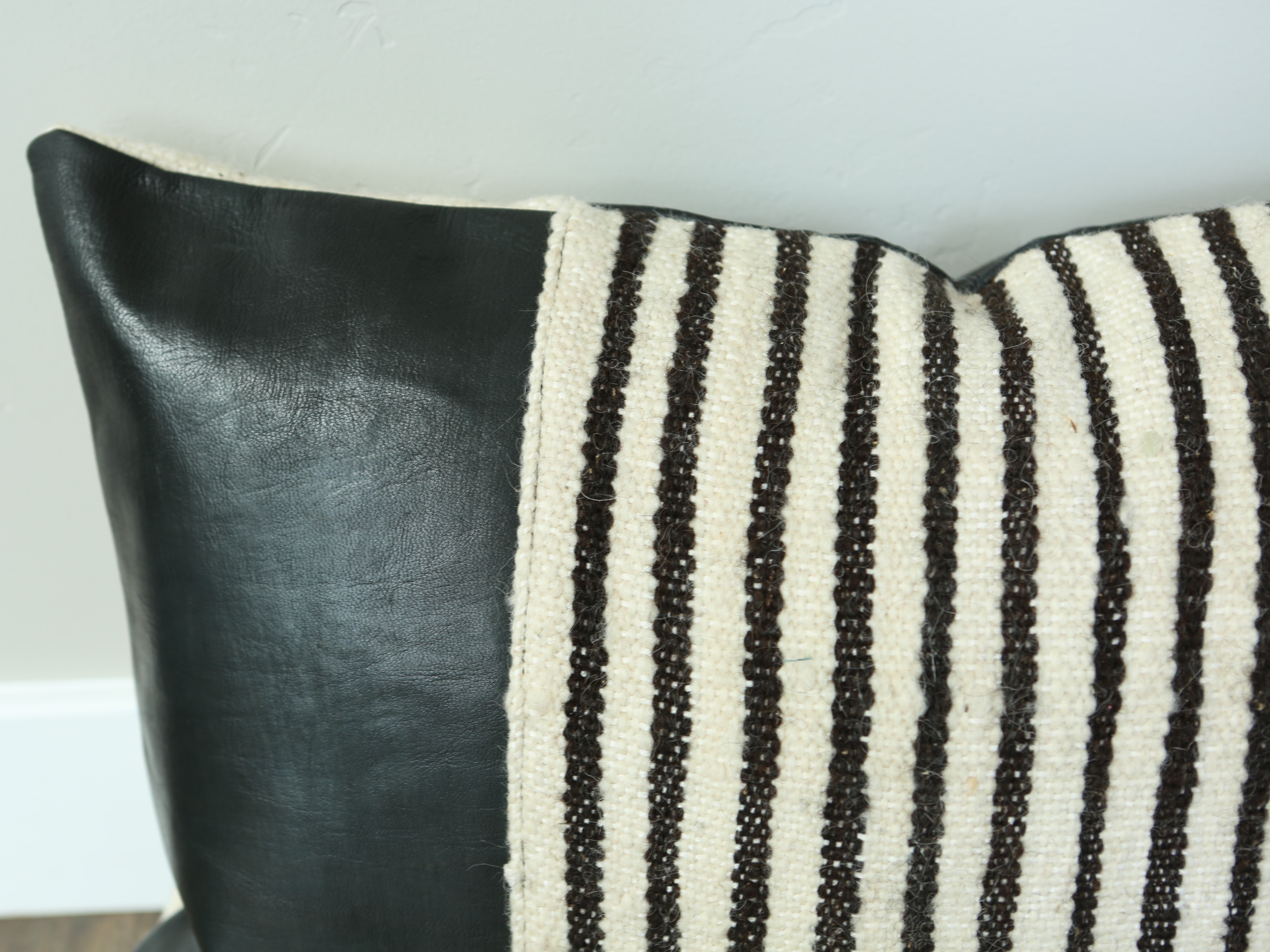 Black Leather and Striped Wool Pillow