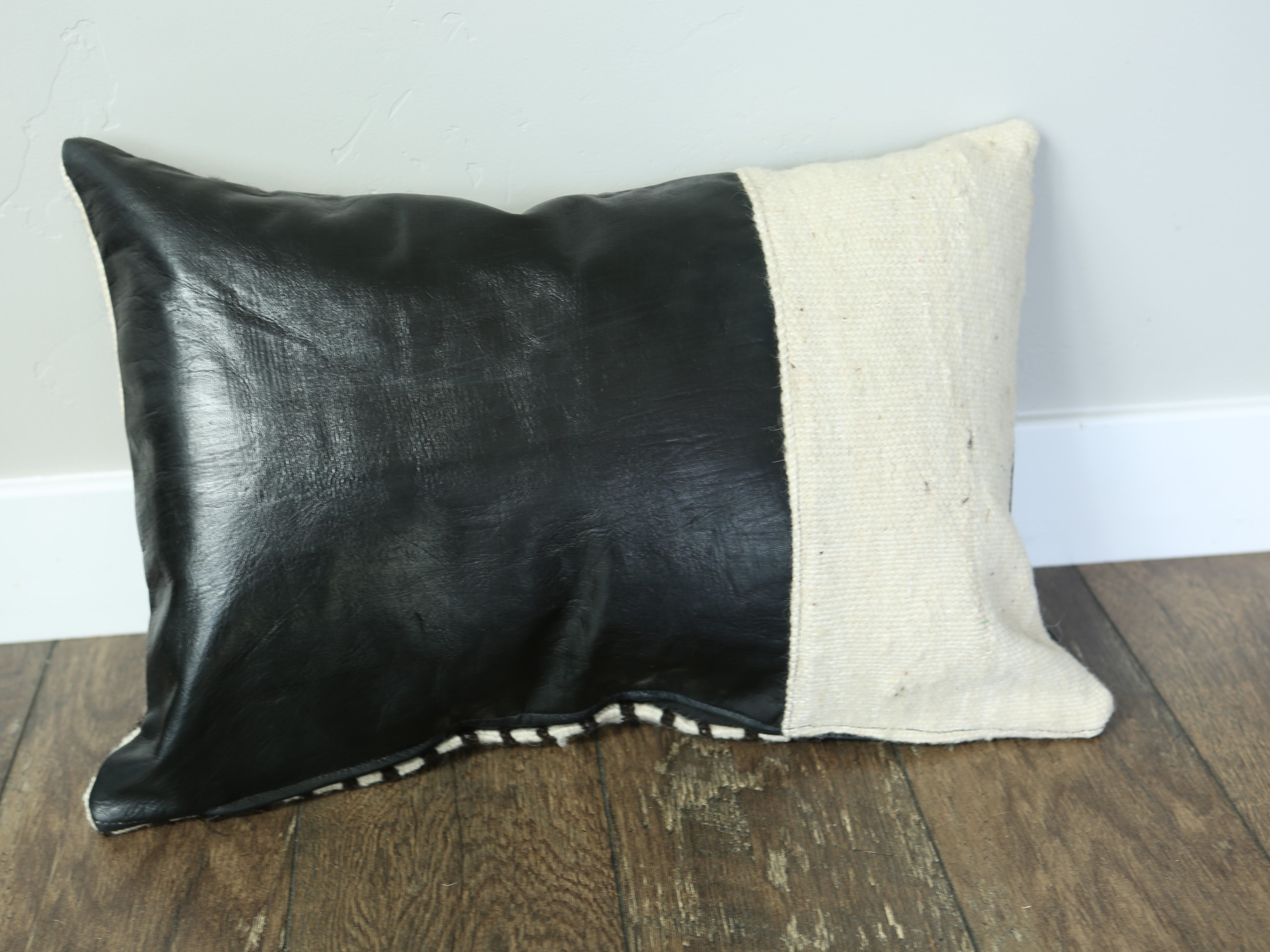 Black Leather and Striped Wool Pillow