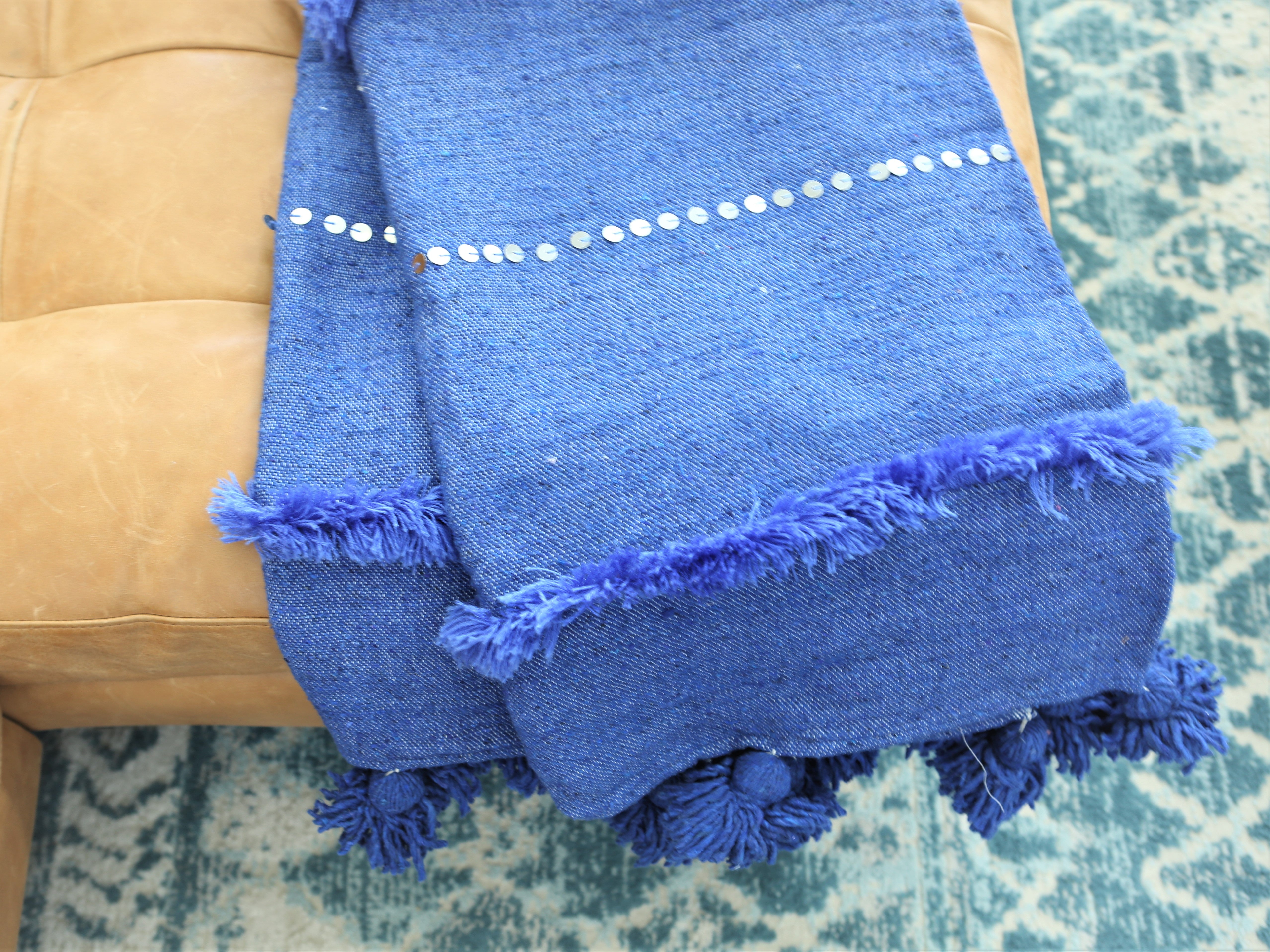 Blue Cotton Sequin Pom Pom Blanket