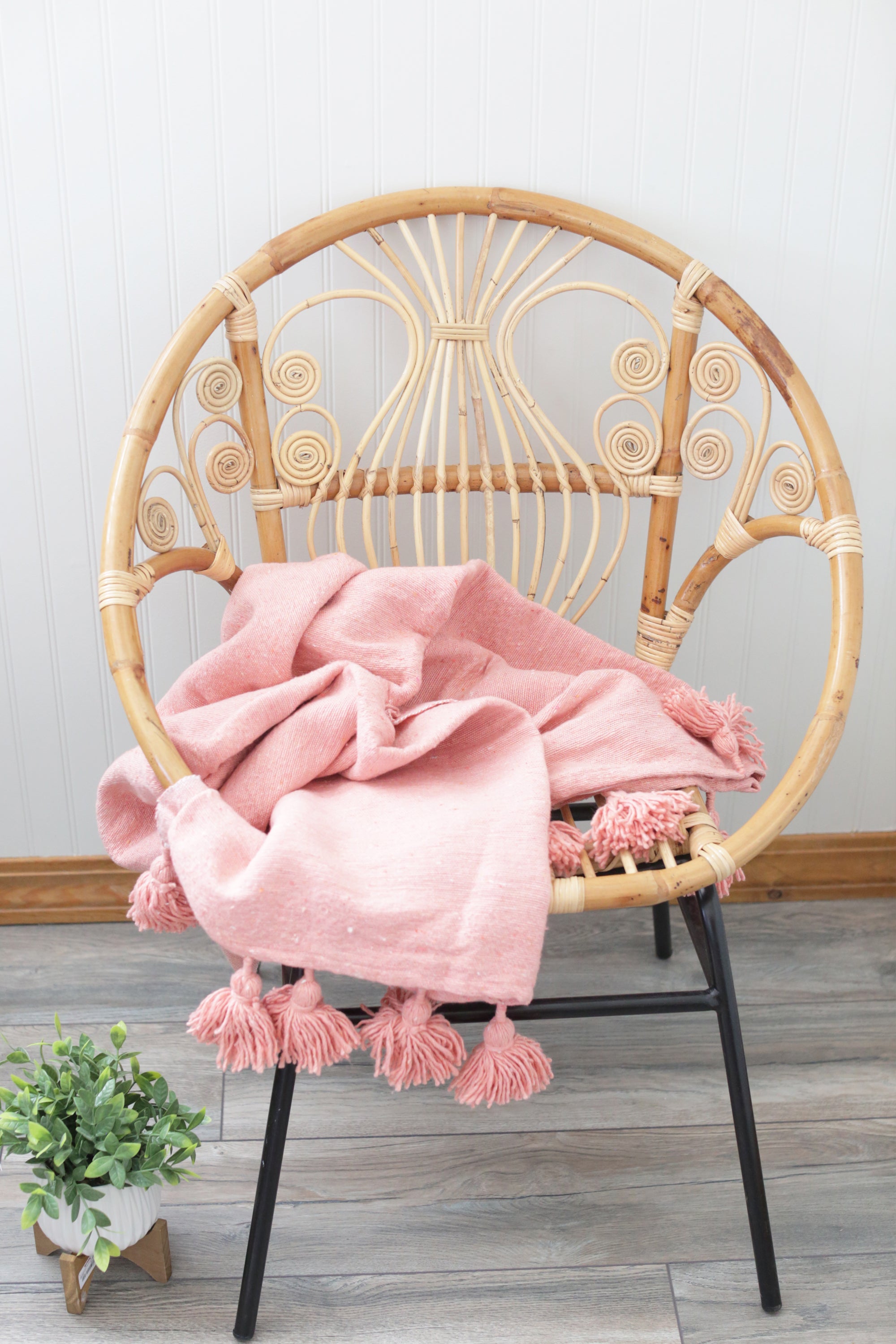 Pink Cream Wool Pom Pom Blanket